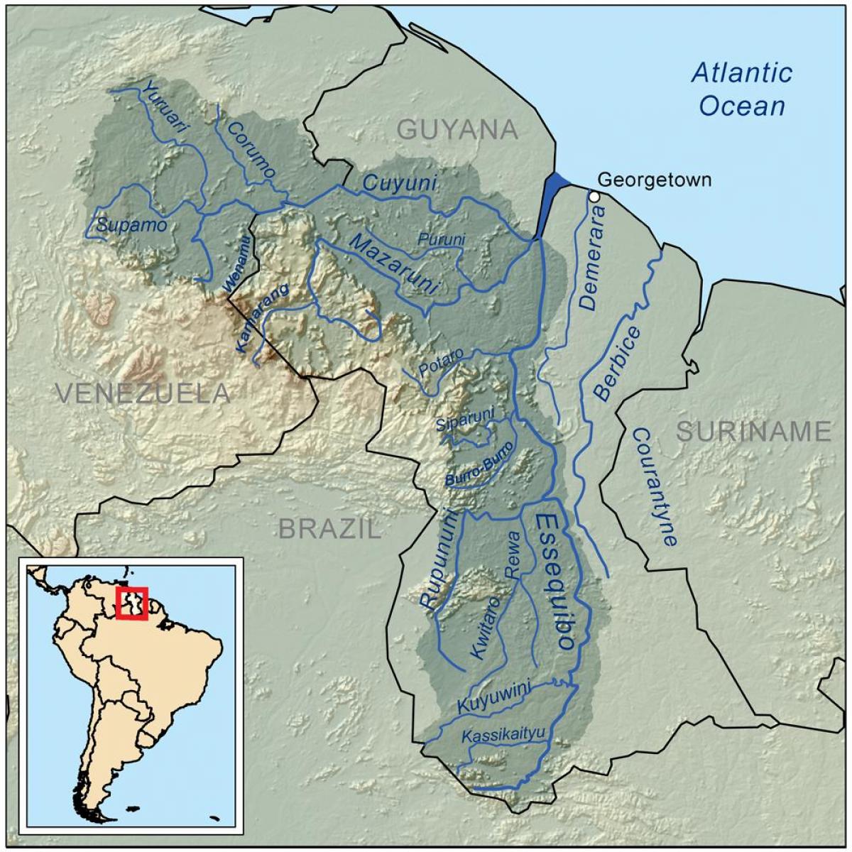 mapa da Guiana mostrando os três principais rios