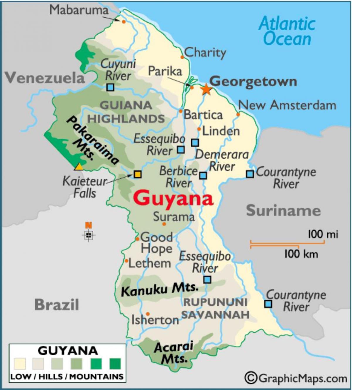 mapa da Guiana mostrando serras