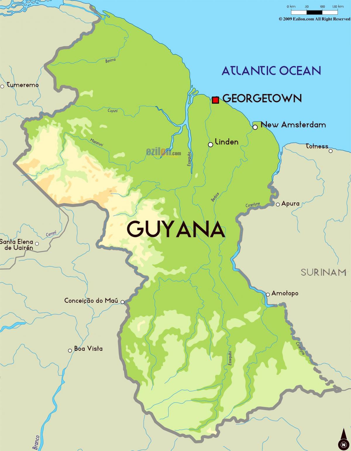 mapa físico, mapa da Guiana