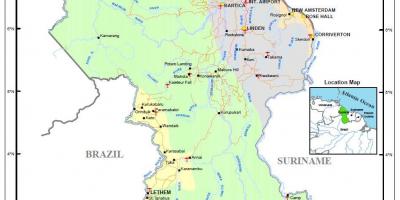 Mapa da Guiana mostrando as 4 regiões naturais