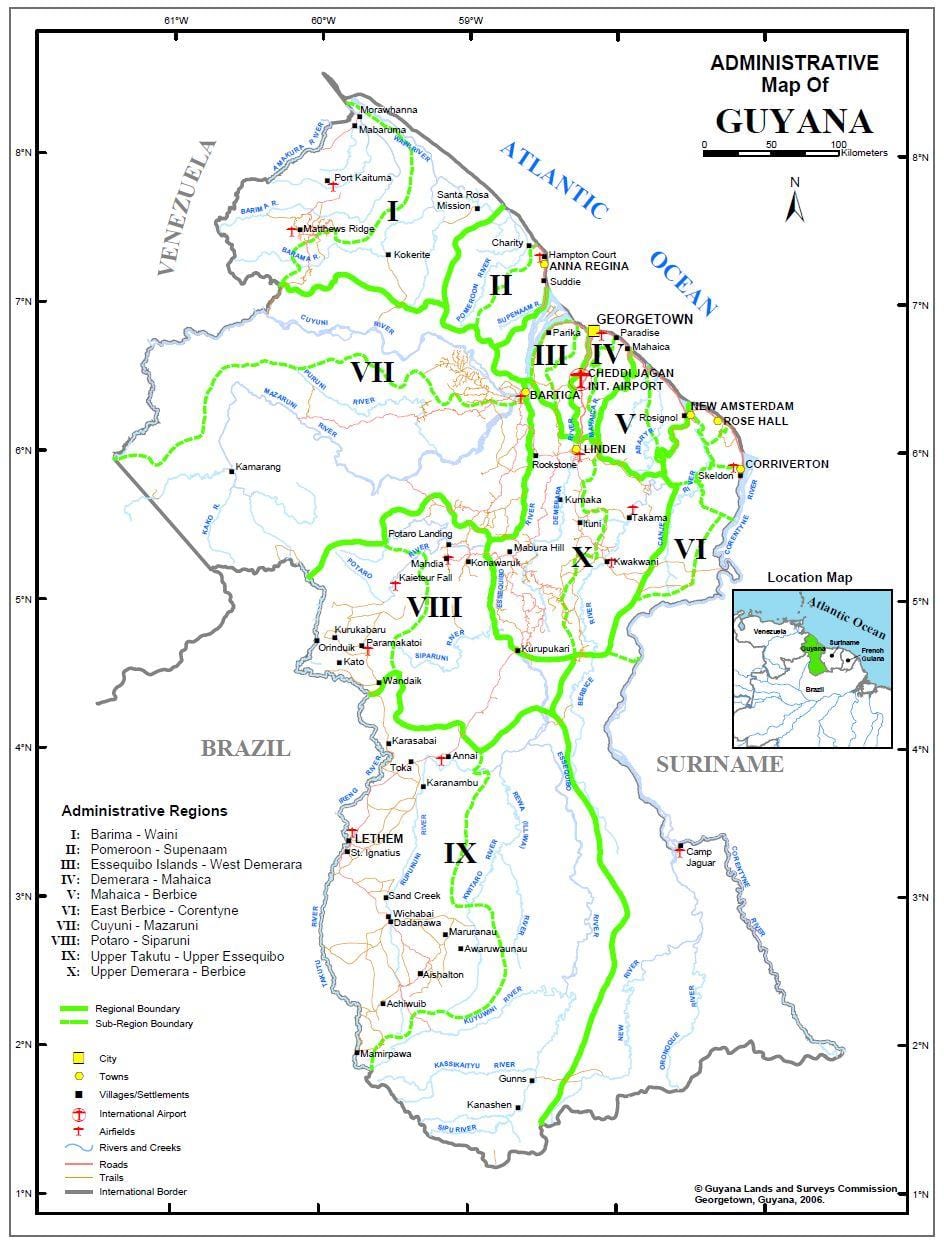 mapa da Guiana mostrando regiões