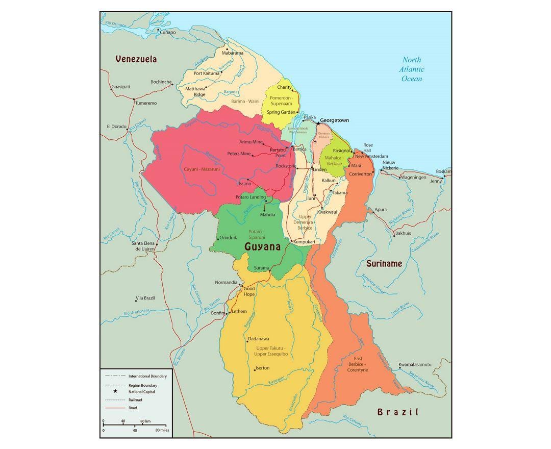 mapa da Guiana mostrando 10 regiões administrativas
