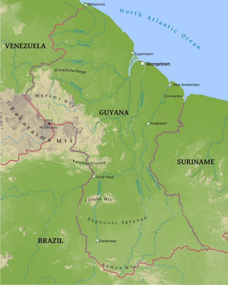 mapa da Guiana, mostrando a baixa planície costeira