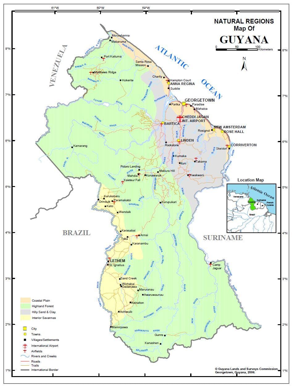 mapa da Guiana mostrando as 4 regiões naturais