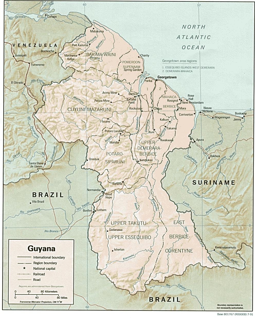 mapa da Guiana mostrando os três municípios