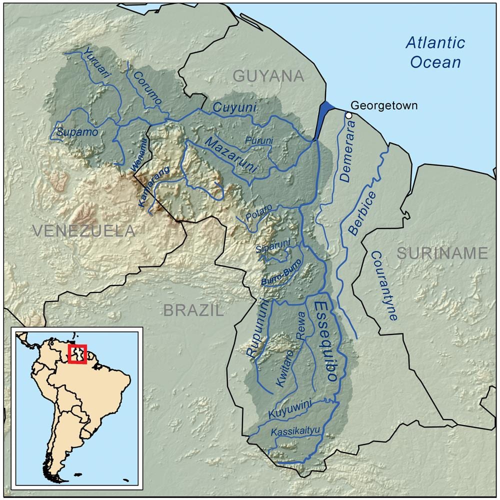 mapa da Guiana mostrando os rios
