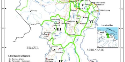 Mapa da Guiana mostrando as dez regiões administrativas